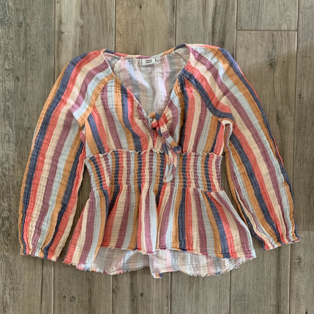 TRUE CRAFT Striped Peplum High Low V-Neck Knot Long Sleeve Top Women’s Size S/M
